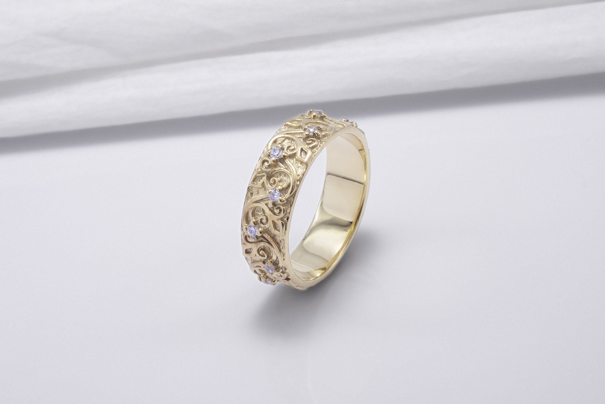 Gold Plated Ring with Floral Ornament and Clear Gems, Handmade Fashion Jewelry - vikingworkshop