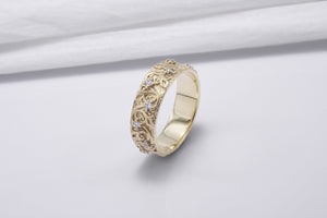 Gold Plated Ring with Floral Ornament and Clear Gems, Handmade Fashion Jewelry - vikingworkshop