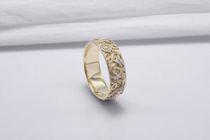 Gold Plated Ring with Floral Ornament and Clear Gems, Handmade Fashion Jewelry - vikingworkshop