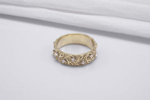 Gold Plated Ring with Floral Ornament and Clear Gems, Handmade Fashion Jewelry - vikingworkshop