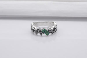 925 Silver Ring with Floral Ornament and Green Gems, Handmade Fashion Jewelry - vikingworkshop