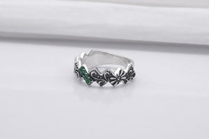 925 Silver Ring with Floral Ornament and Green Gems, Handmade Fashion Jewelry - vikingworkshop