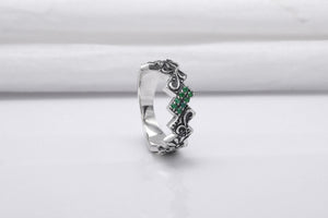 925 Silver Ring with Floral Ornament and Green Gems, Handmade Fashion Jewelry - vikingworkshop