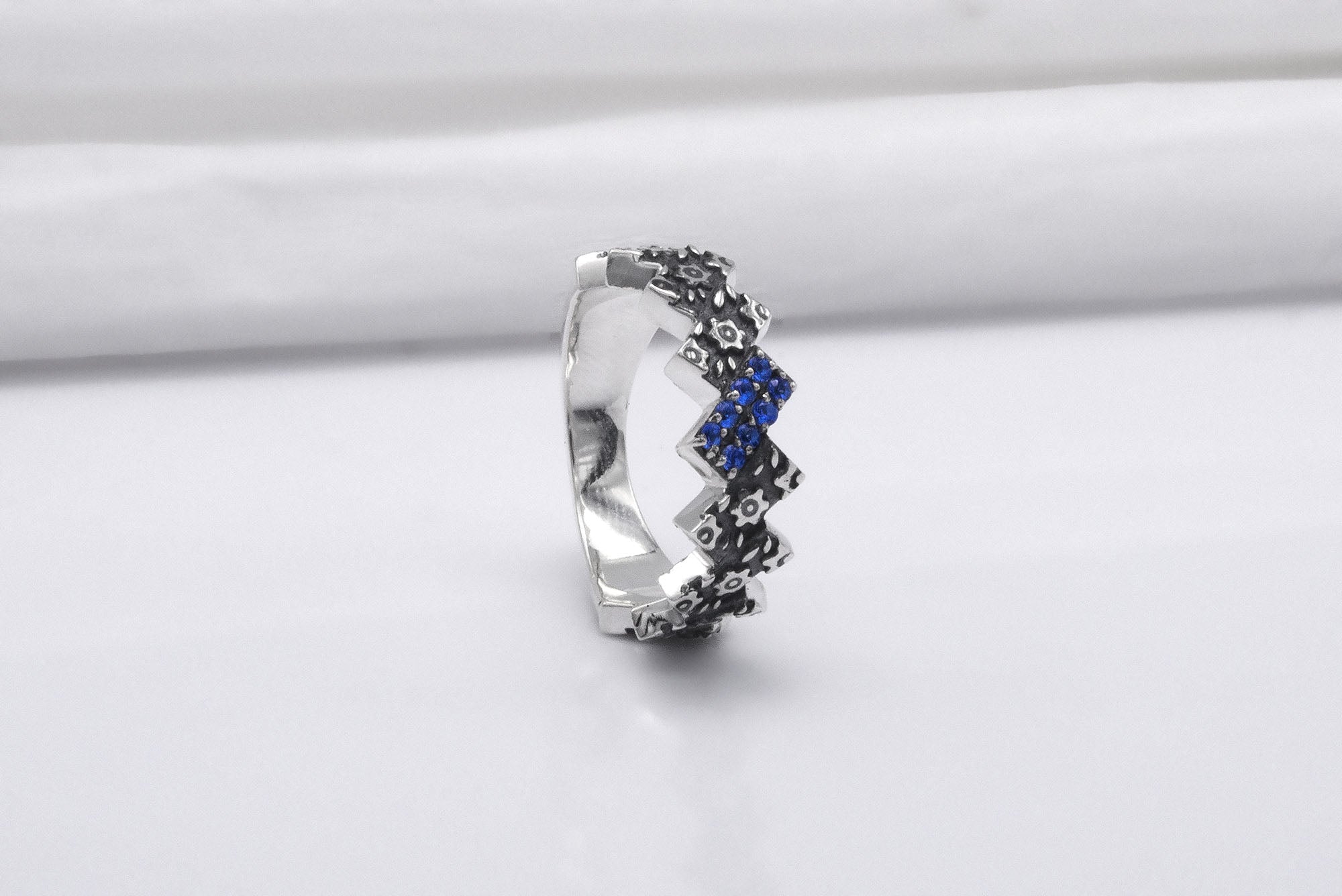 Sterling Silver Ring with Floral Ornament and Blue Gems, Handmade Fashion Jewelry - vikingworkshop