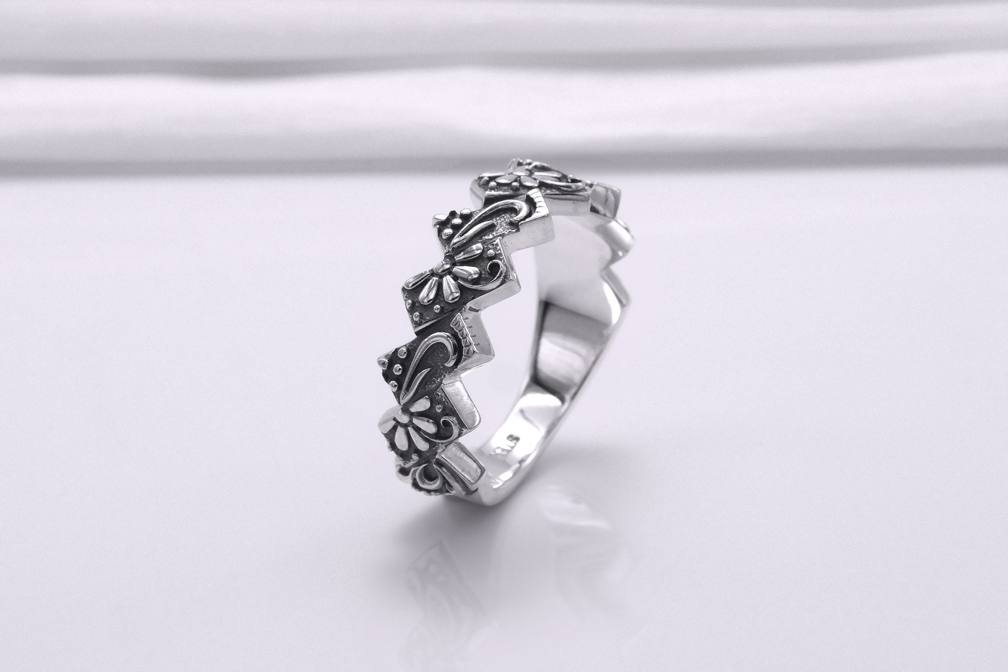 Sterling Silver Ring with Floral Ornament, Handmade Fashion Jewelry - vikingworkshop