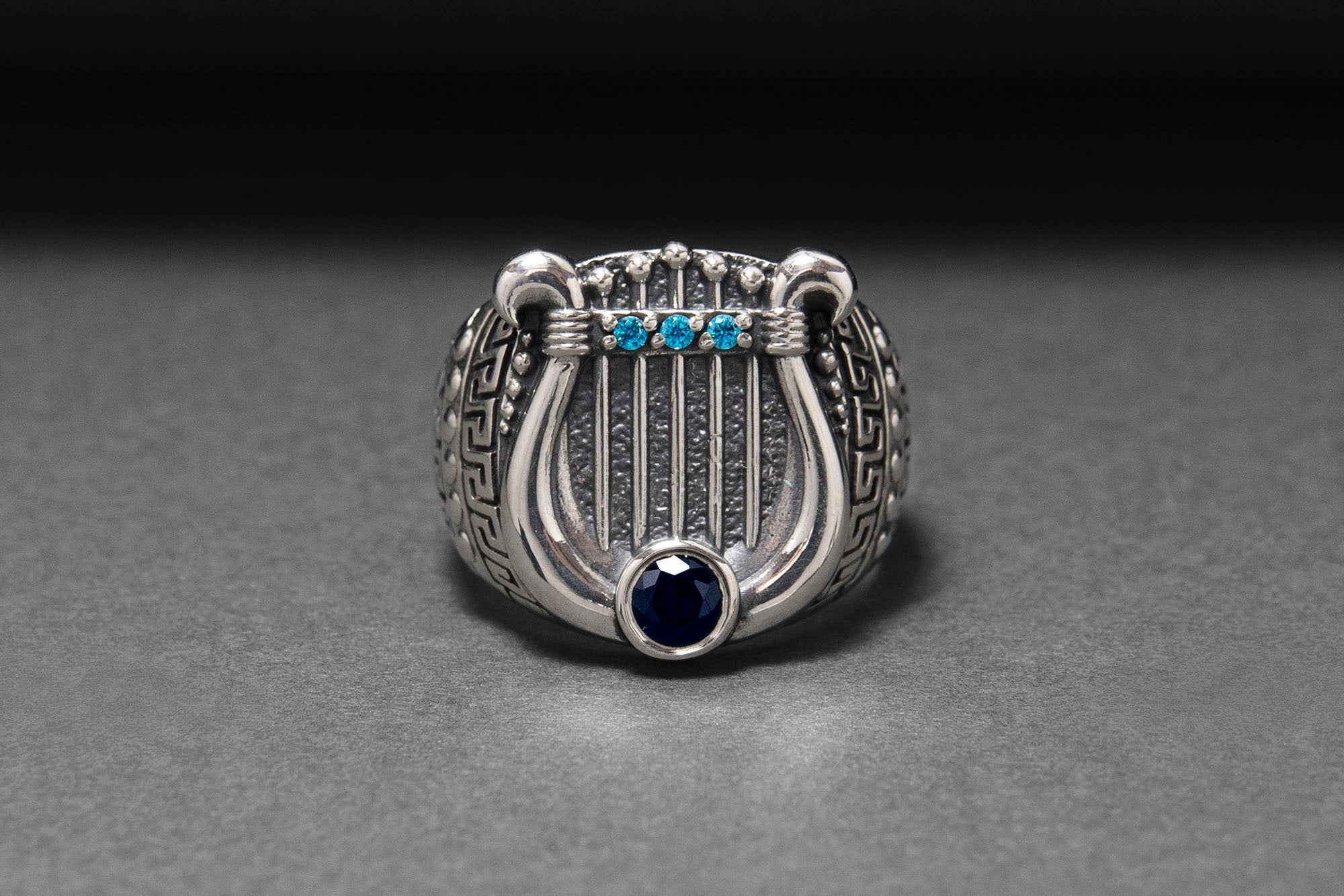 Sterling Silver Harp Ring with Greek Ornament, Handcrafted Fashion Jewelry - vikingworkshop