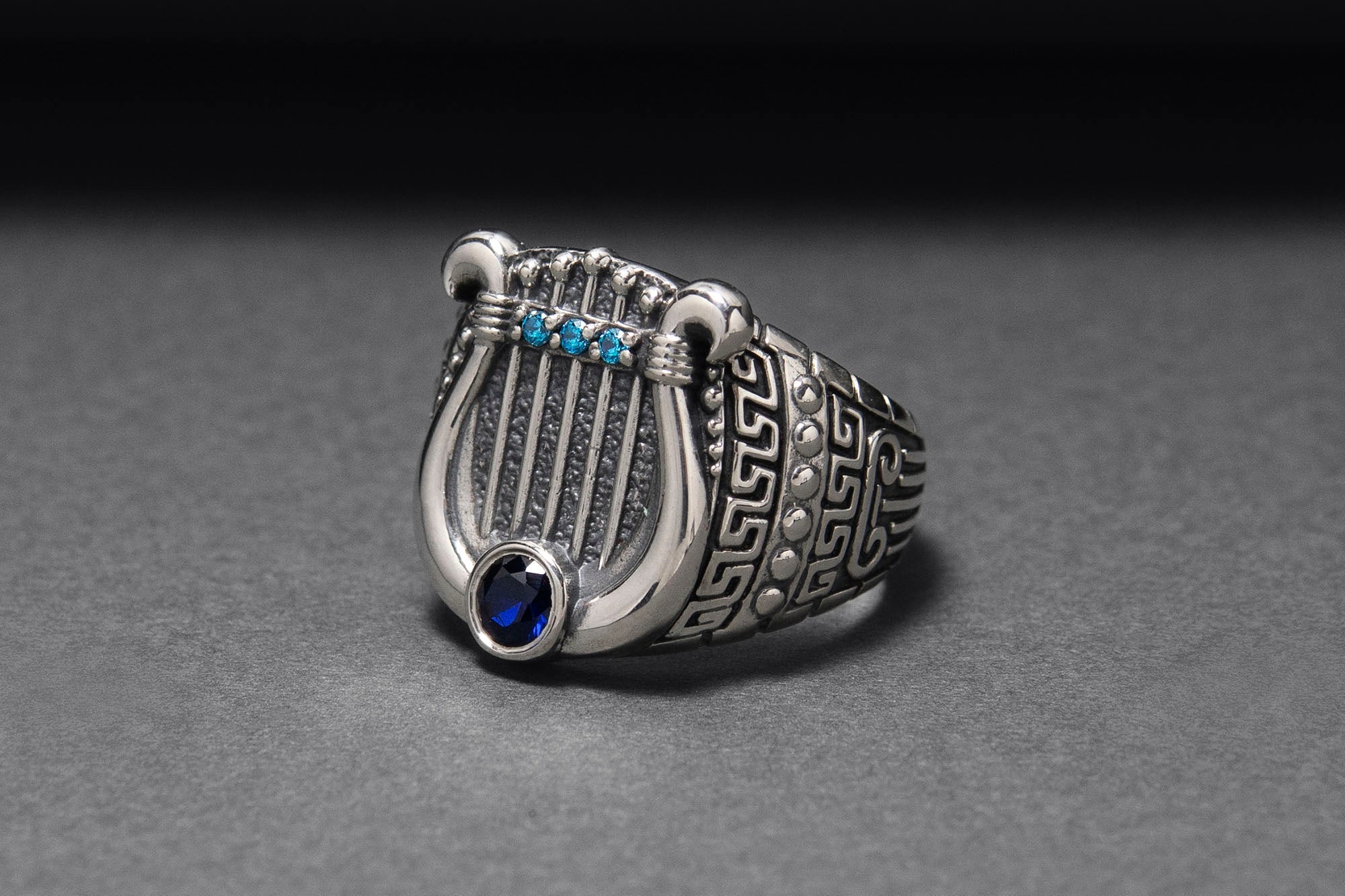 Sterling Silver Harp Ring with Greek Ornament, Handcrafted Fashion Jewelry - vikingworkshop