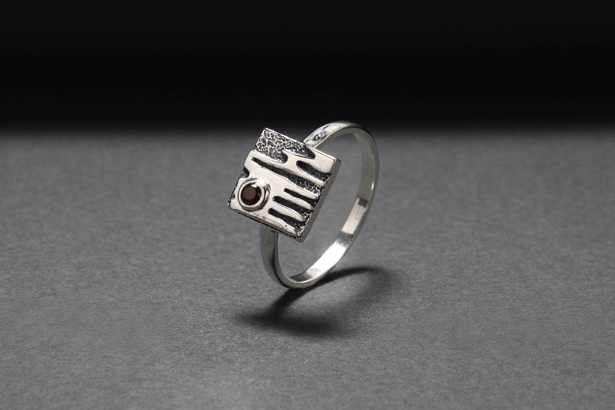 925 Silver Square Ring with Brown Cubic Zirconia and Ornament, Handmade Fashion Jewelry - vikingworkshop