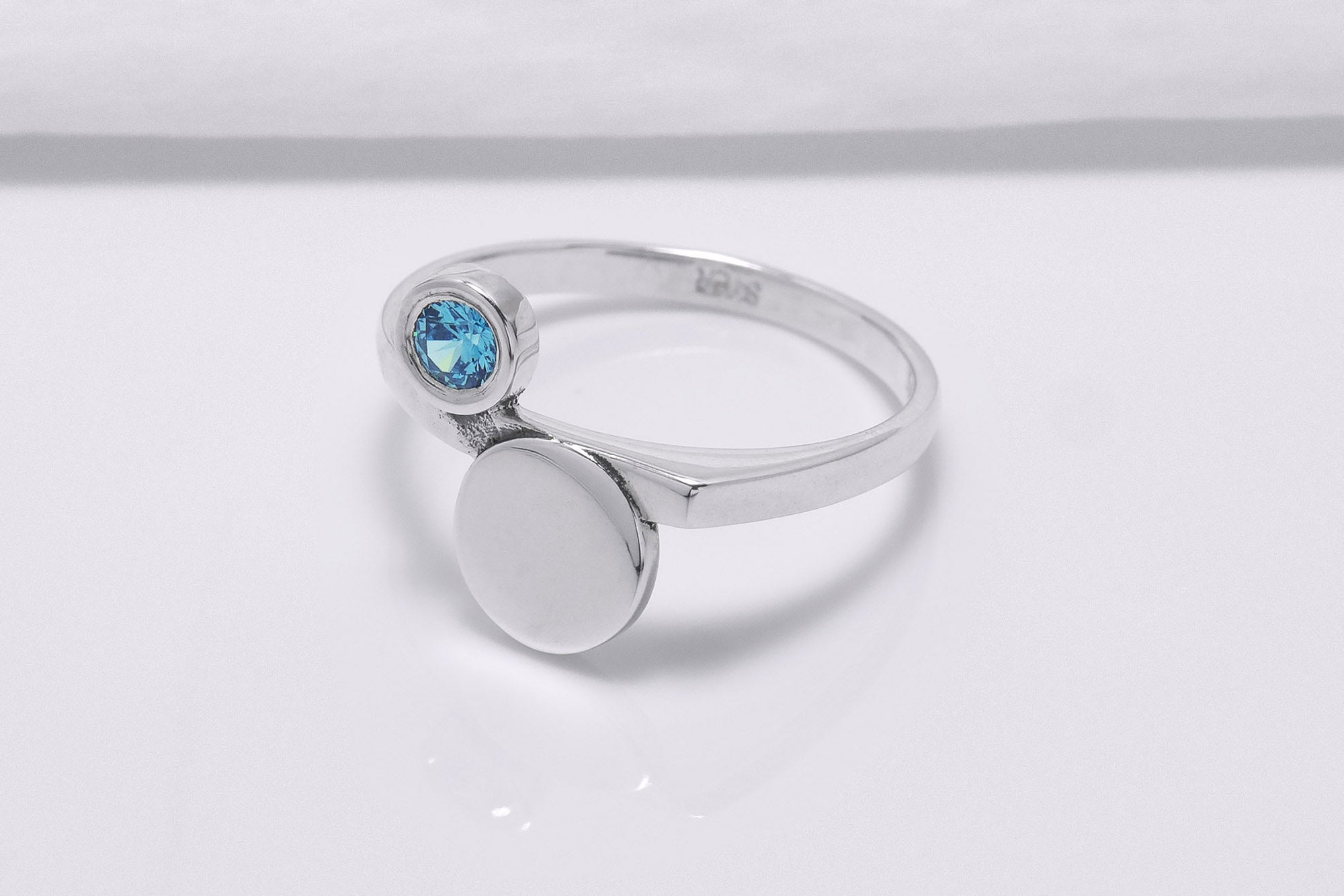 925 Silver Round Ring with Light Blue Cubic Zirconia, Handmade Fashion Jewelry - vikingworkshop