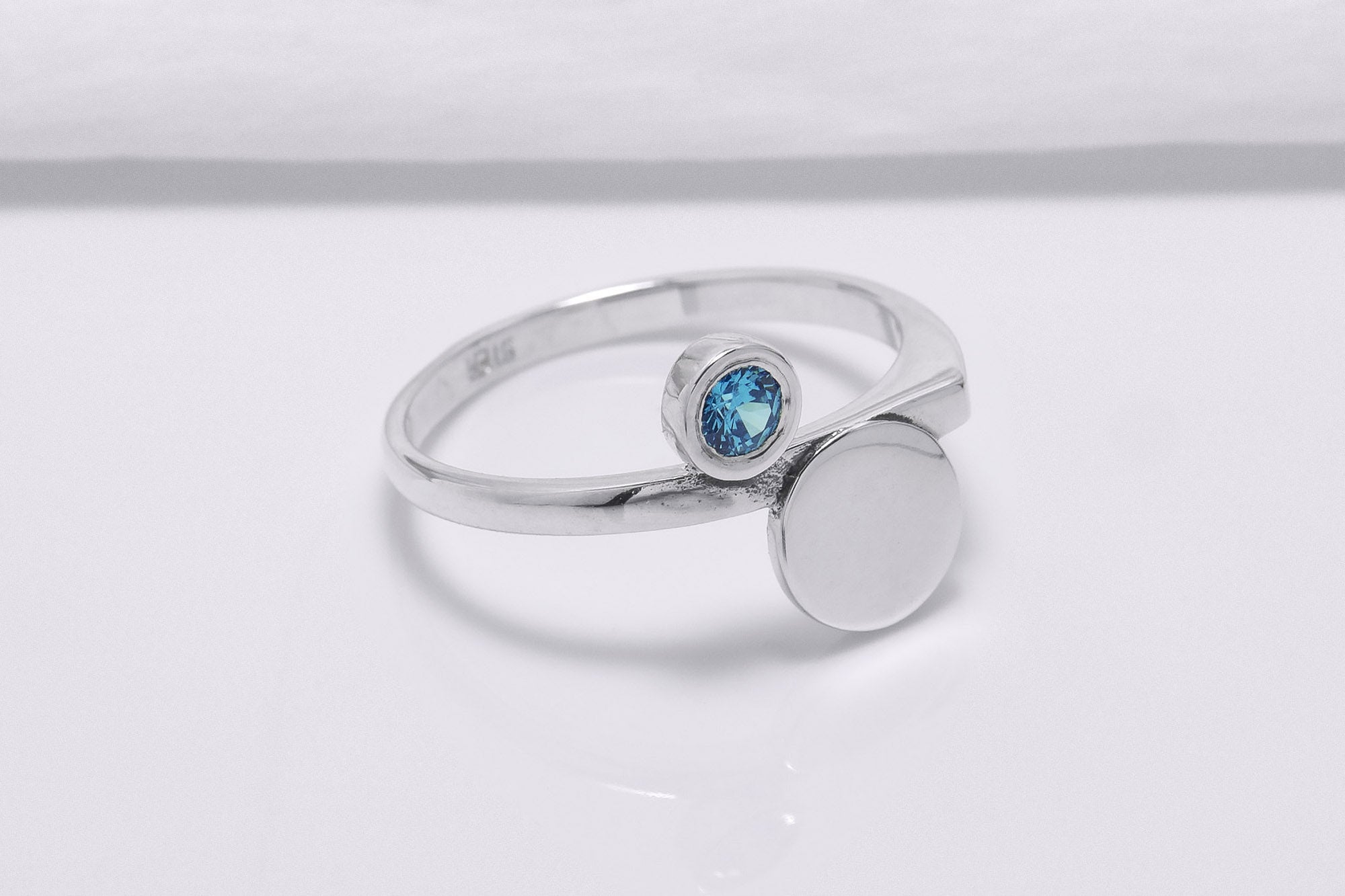 925 Silver Round Ring with Light Blue Cubic Zirconia, Handmade Fashion Jewelry - vikingworkshop