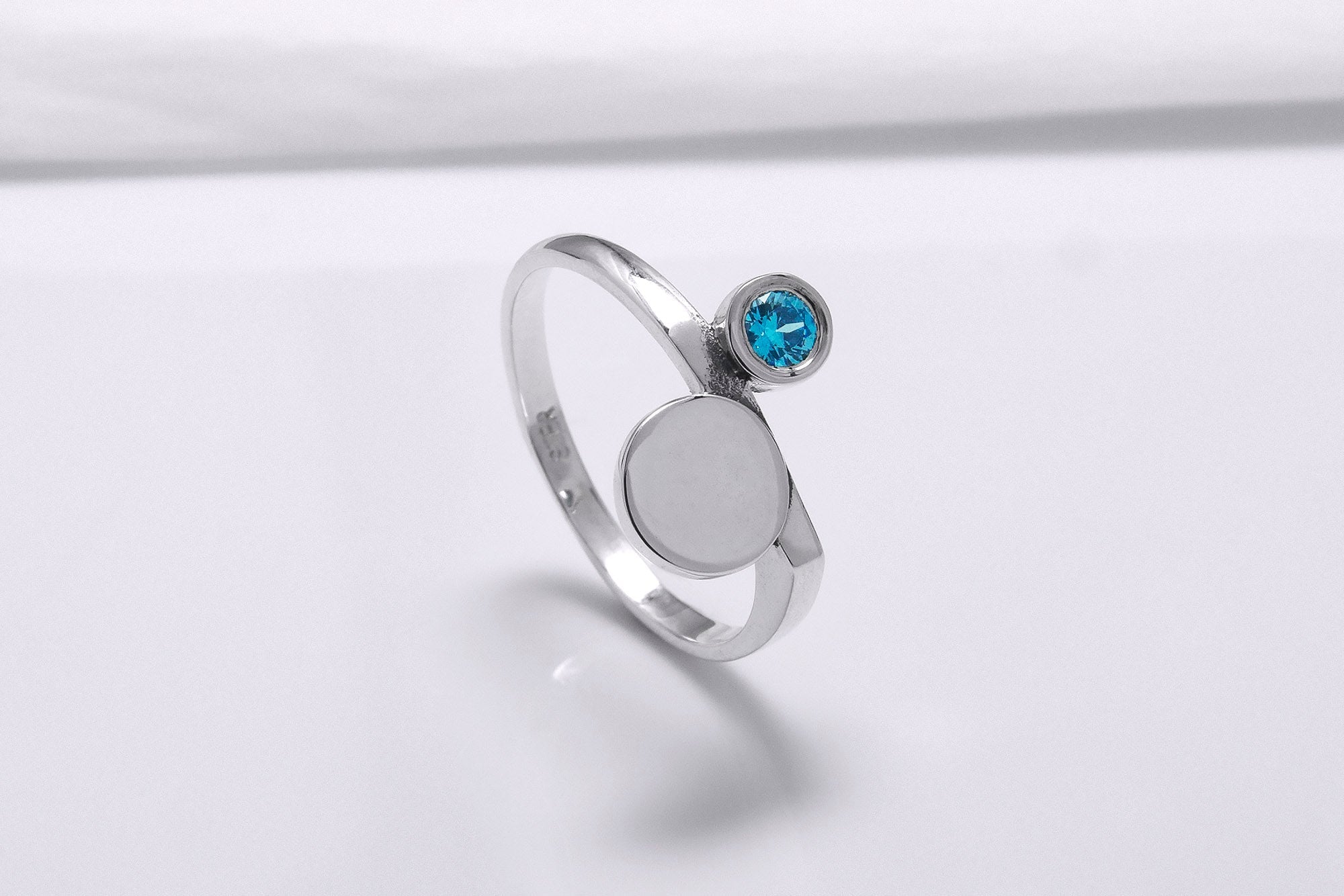 925 Silver Round Ring with Light Blue Cubic Zirconia, Handmade Fashion Jewelry - vikingworkshop