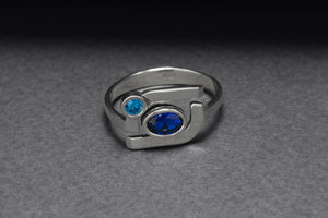 925 Silver Geometric Ring with Round and Oval Blue Gems, Handmade Fashion Jewelry - vikingworkshop