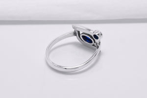 925 Silver Geometric Ring with Round and Oval Blue Gems, Handmade Fashion Jewelry - vikingworkshop