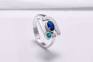 925 Silver Geometric Ring with Round and Oval Blue Gems, Handmade Fashion Jewelry - vikingworkshop