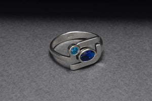 925 Silver Geometric Ring with Round and Oval Blue Gems, Handmade Fashion Jewelry - vikingworkshop
