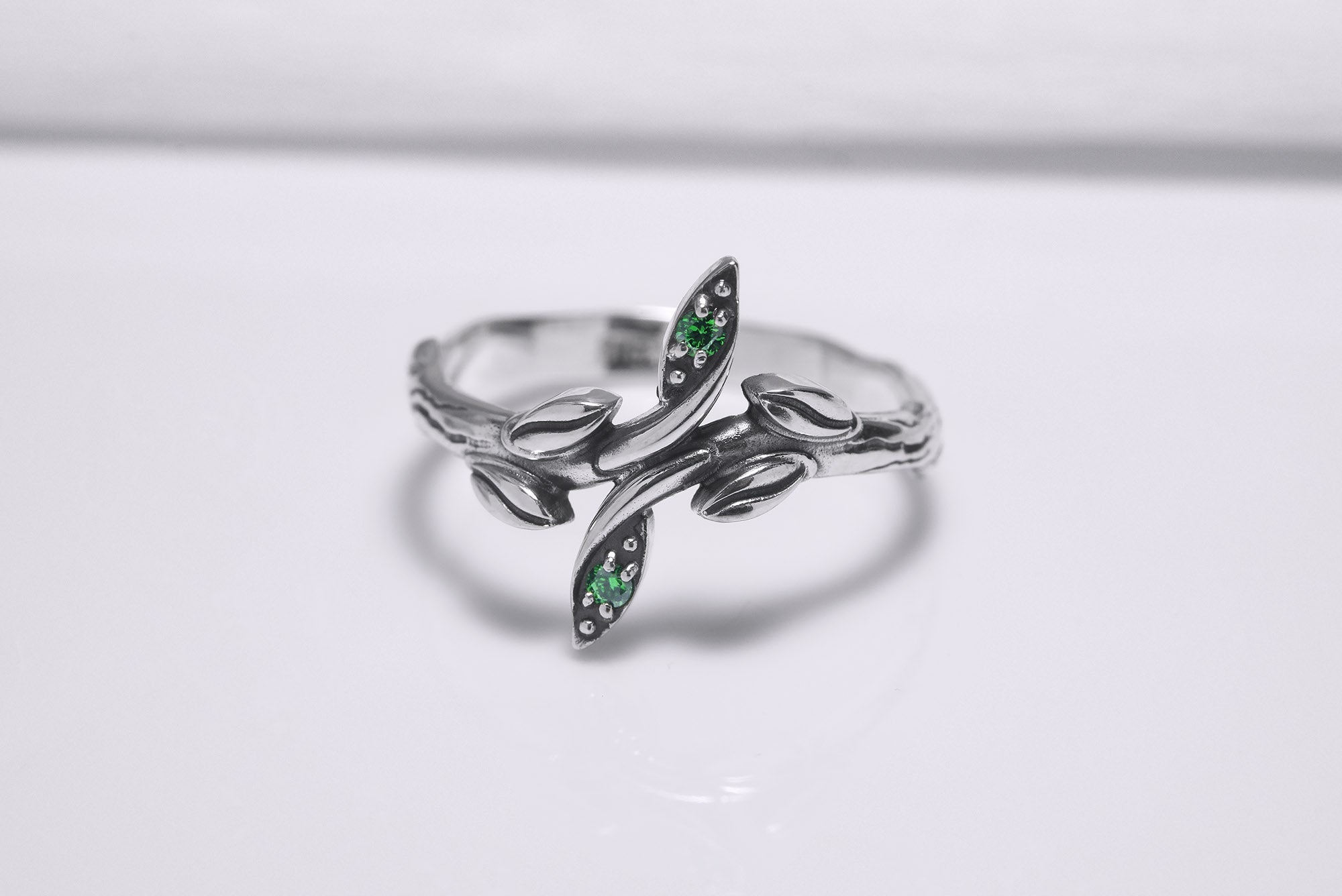 Sterling Silver Ring with Branch, Floral Ornament and Green Gems, Handmade Fashion Jewelry - vikingworkshop