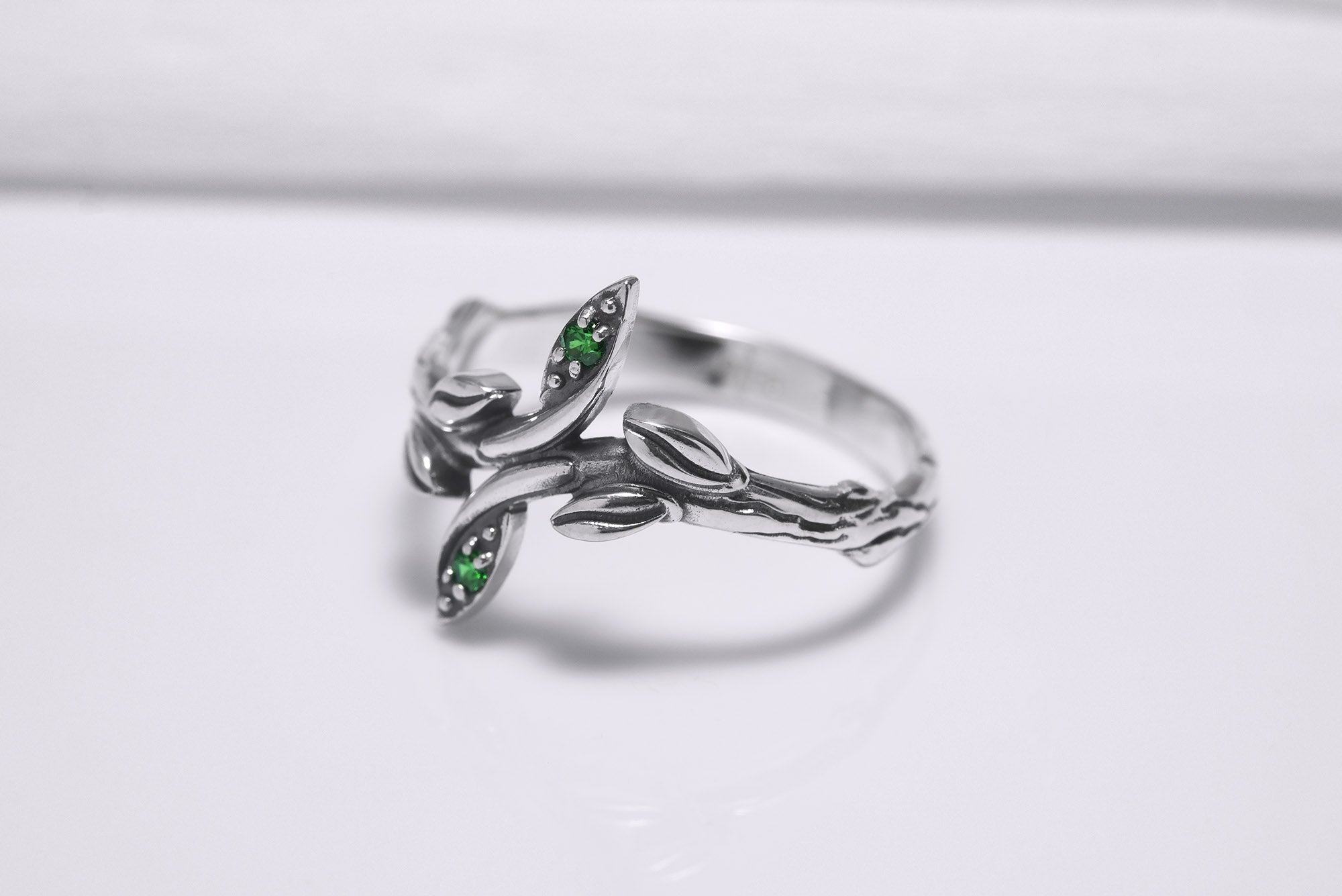 Sterling Silver Ring with Branch, Floral Ornament and Green Gems, Handmade Fashion Jewelry - vikingworkshop