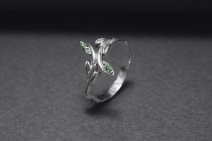 Sterling Silver Ring with Branch, Floral Ornament and Green Gems, Handmade Fashion Jewelry - vikingworkshop