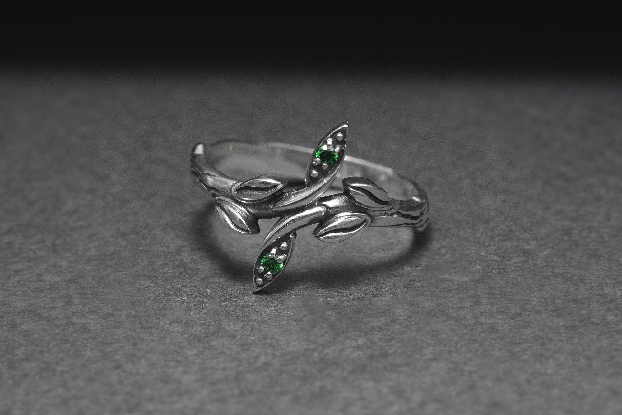 Sterling Silver Ring with Branch, Floral Ornament and Green Gems, Handmade Fashion Jewelry - vikingworkshop