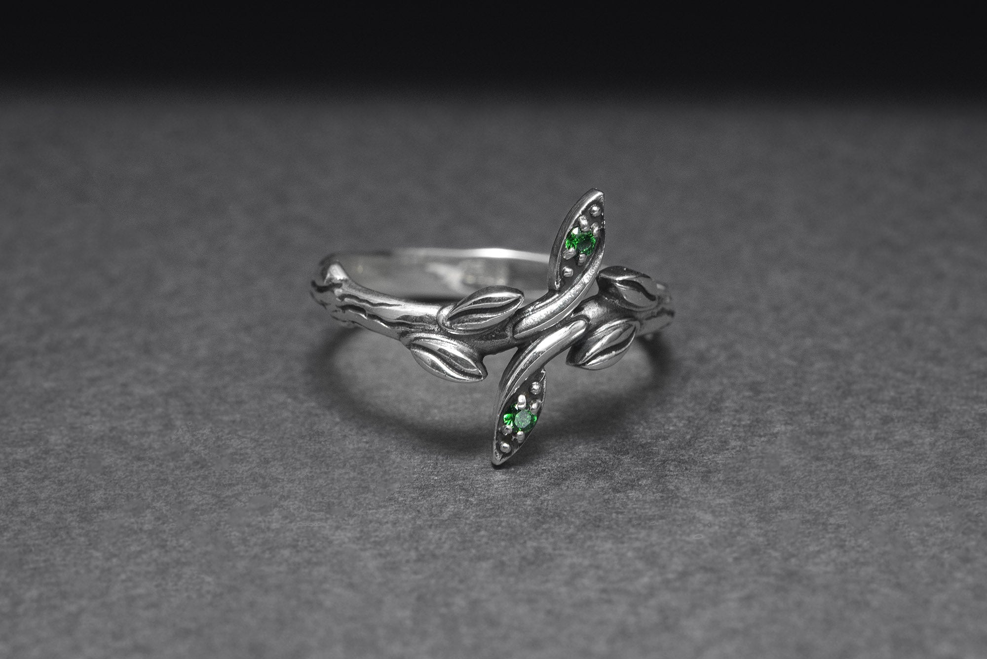 Sterling Silver Ring with Branch, Floral Ornament and Green Gems, Handmade Fashion Jewelry - vikingworkshop