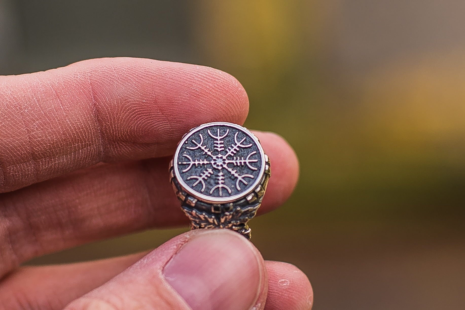 Aegishjalmur or Helm of Awe Symbol with Oak Leaves Sterling Silver Viking Ring - vikingworkshop