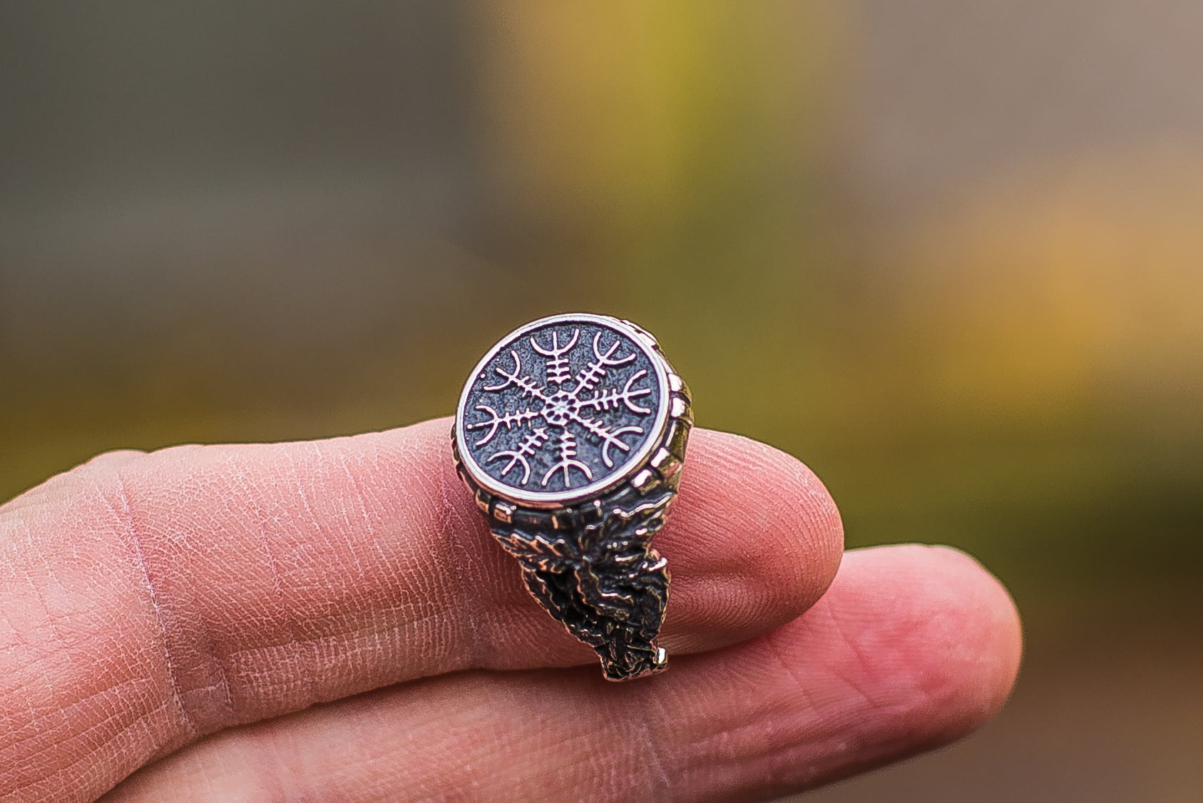 Aegishjalmur or Helm of Awe Symbol with Oak Leaves Sterling Silver Viking Ring - vikingworkshop