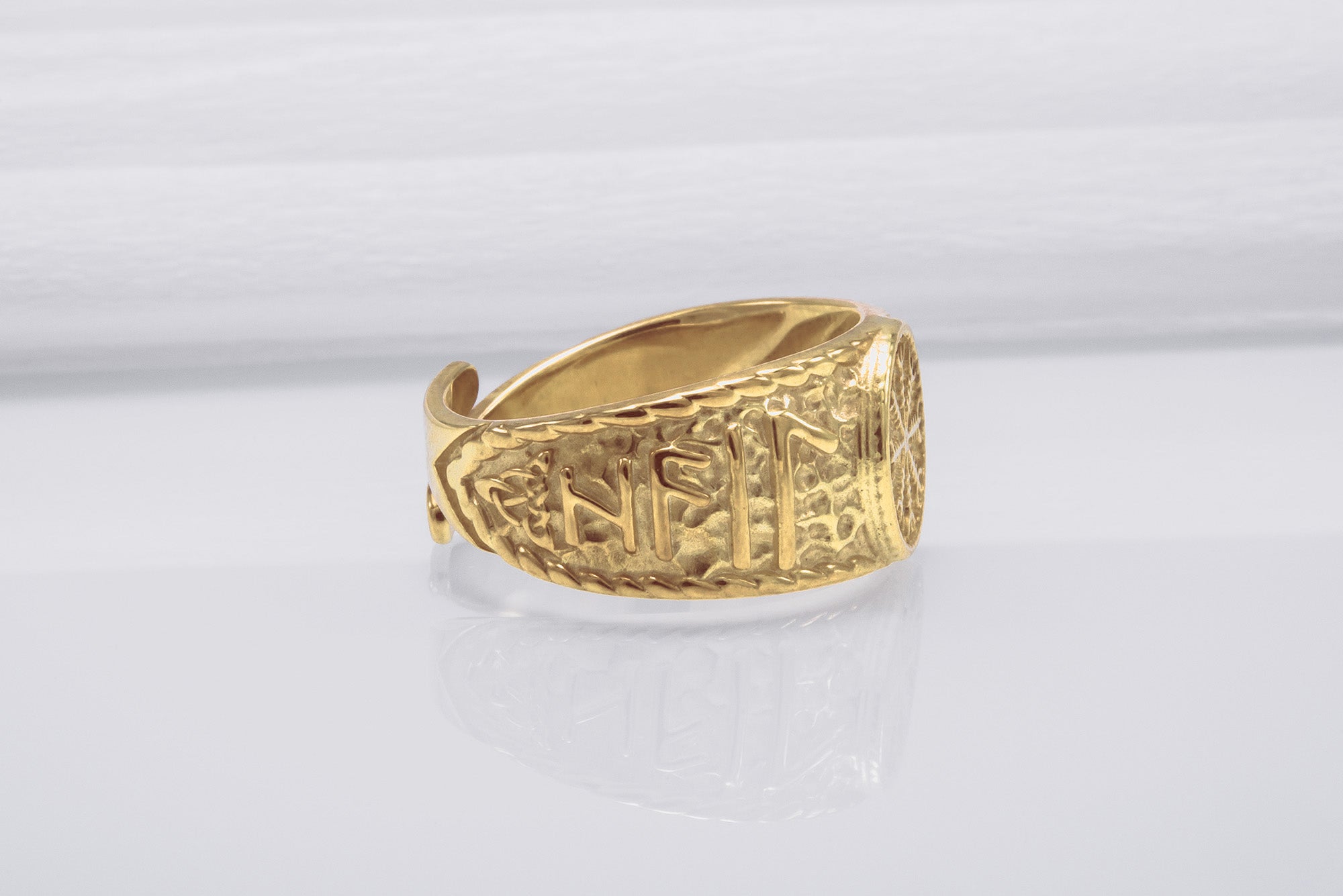 14K Gold Black Sun Ring with HAIL ODIN Runes Viking Jewelry - vikingworkshop