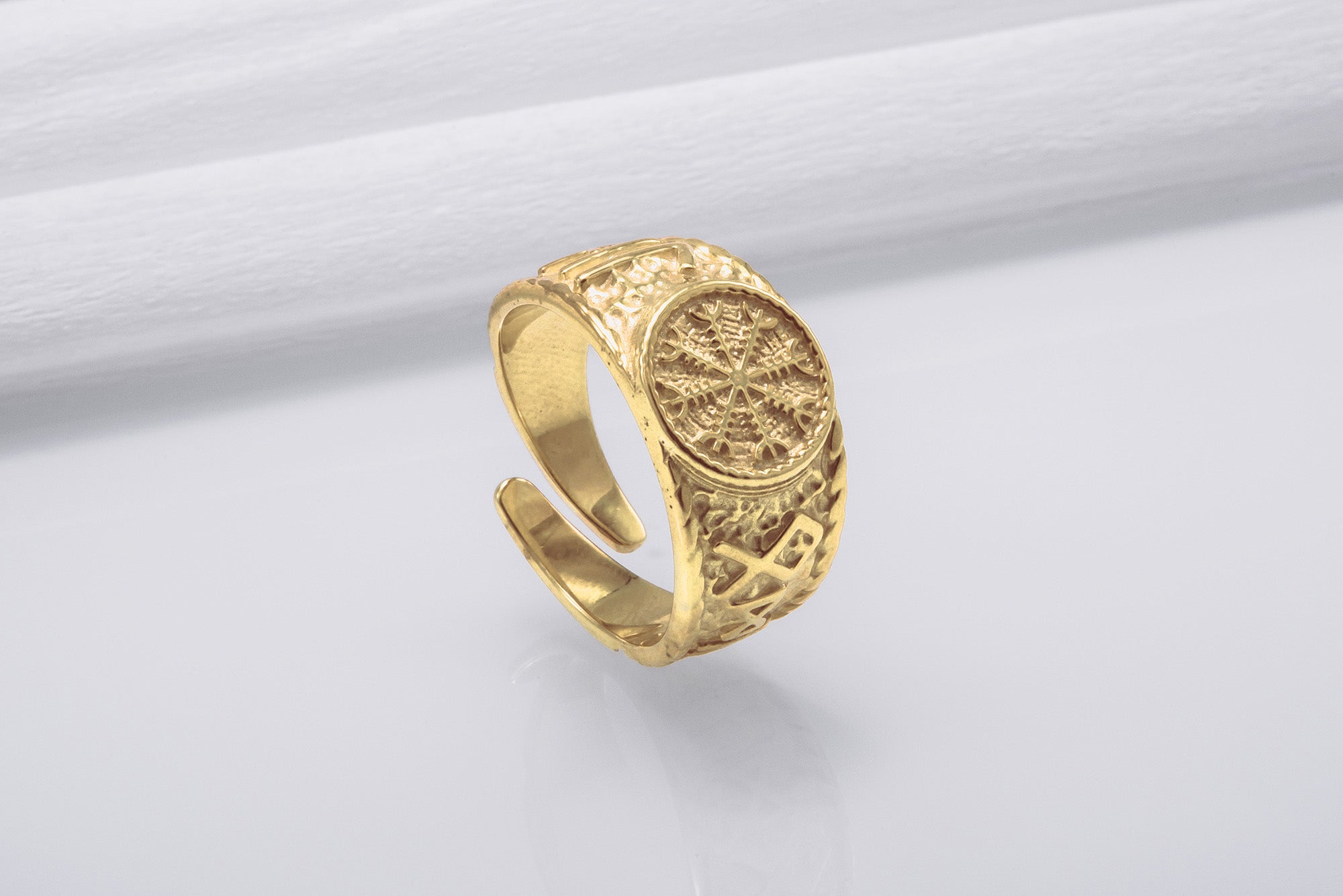 14K Gold Black Sun Ring with HAIL ODIN Runes Viking Jewelry - vikingworkshop