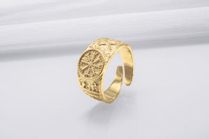 14K Gold Black Sun Ring with HAIL ODIN Runes Viking Jewelry - vikingworkshop