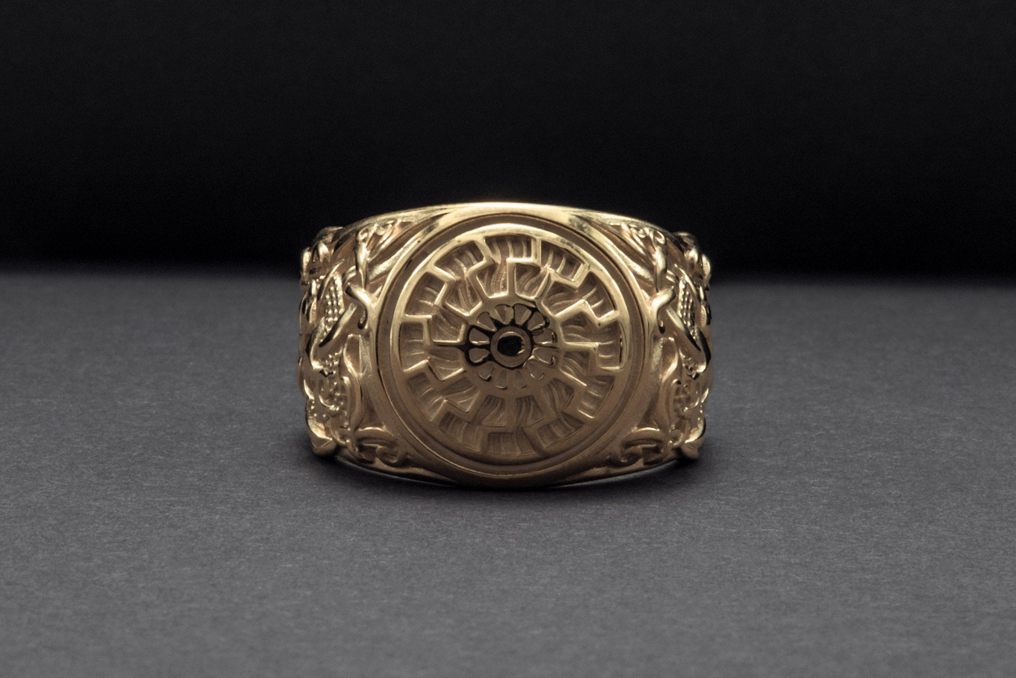 14K Gold Black Sun Ring with Mammen Ornament Viking Jewelry - vikingworkshop