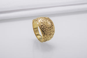 14K Gold Black Sun Ring with Mammen Ornament Viking Jewelry - vikingworkshop