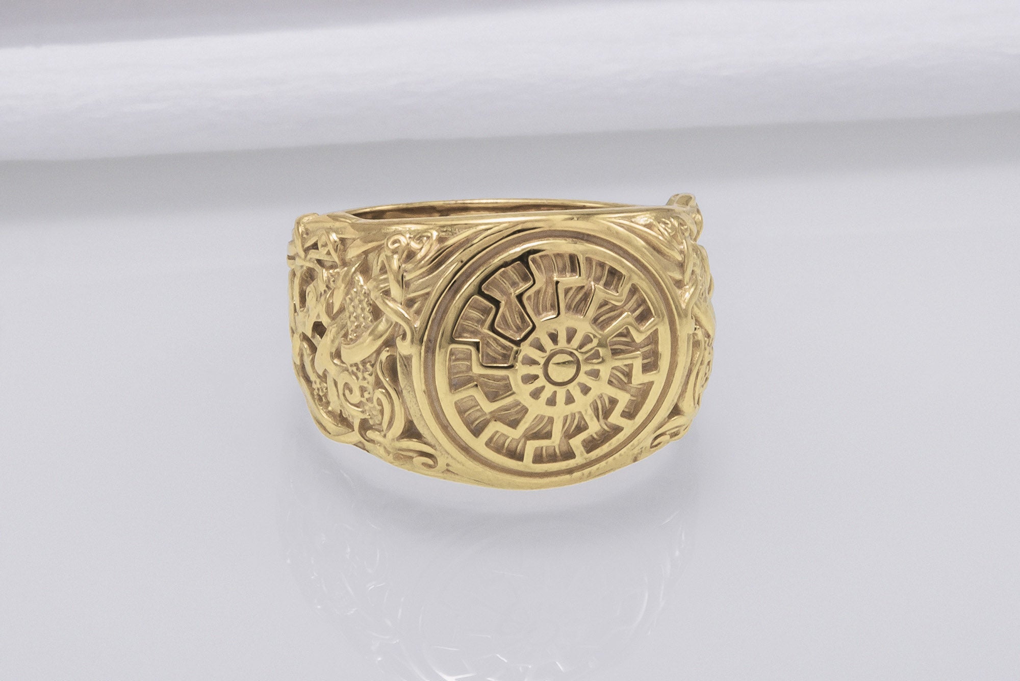 14K Gold Black Sun Ring with Mammen Ornament Viking Jewelry - vikingworkshop