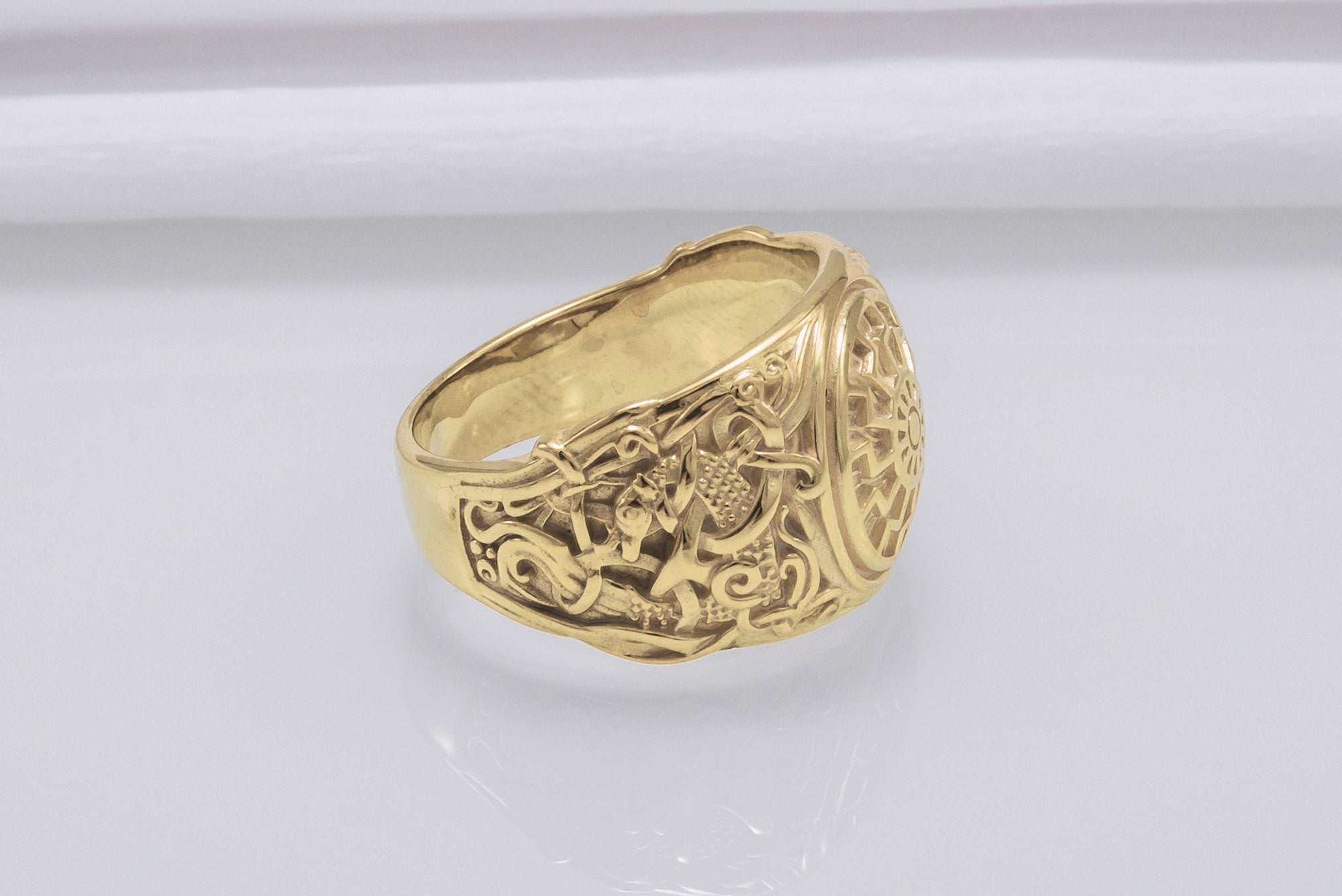 14K Gold Black Sun Ring with Mammen Ornament Viking Jewelry - vikingworkshop