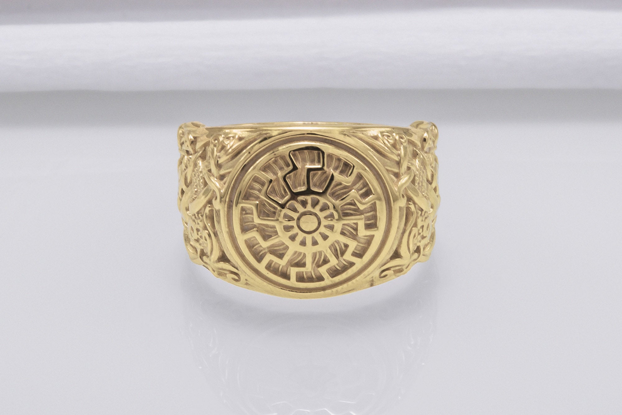 14K Gold Black Sun Ring with Mammen Ornament Viking Jewelry - vikingworkshop