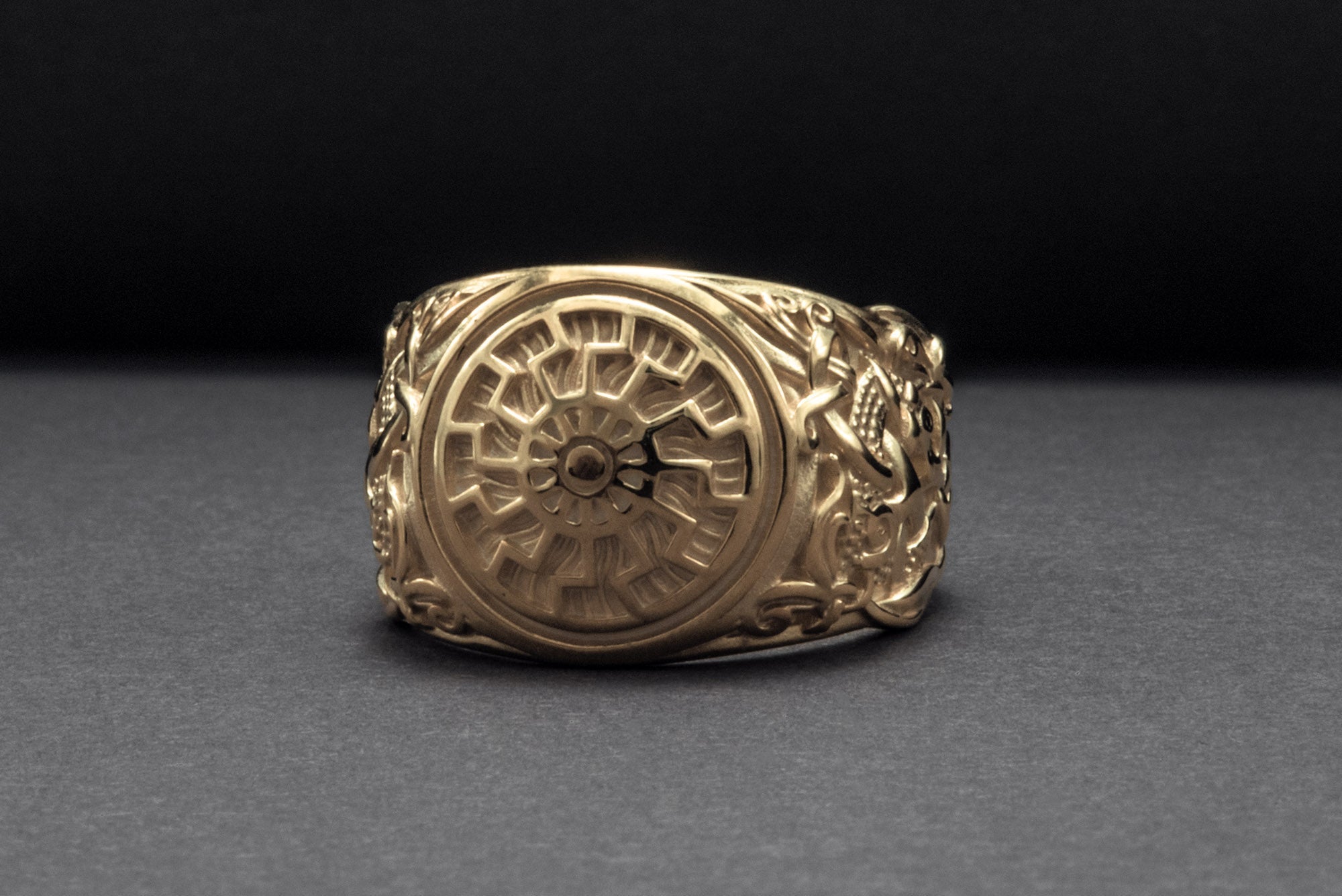 14K Gold Black Sun Ring with Mammen Ornament Viking Jewelry - vikingworkshop