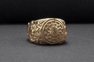 14K Gold Black Sun Ring with Mammen Ornament Viking Jewelry - vikingworkshop