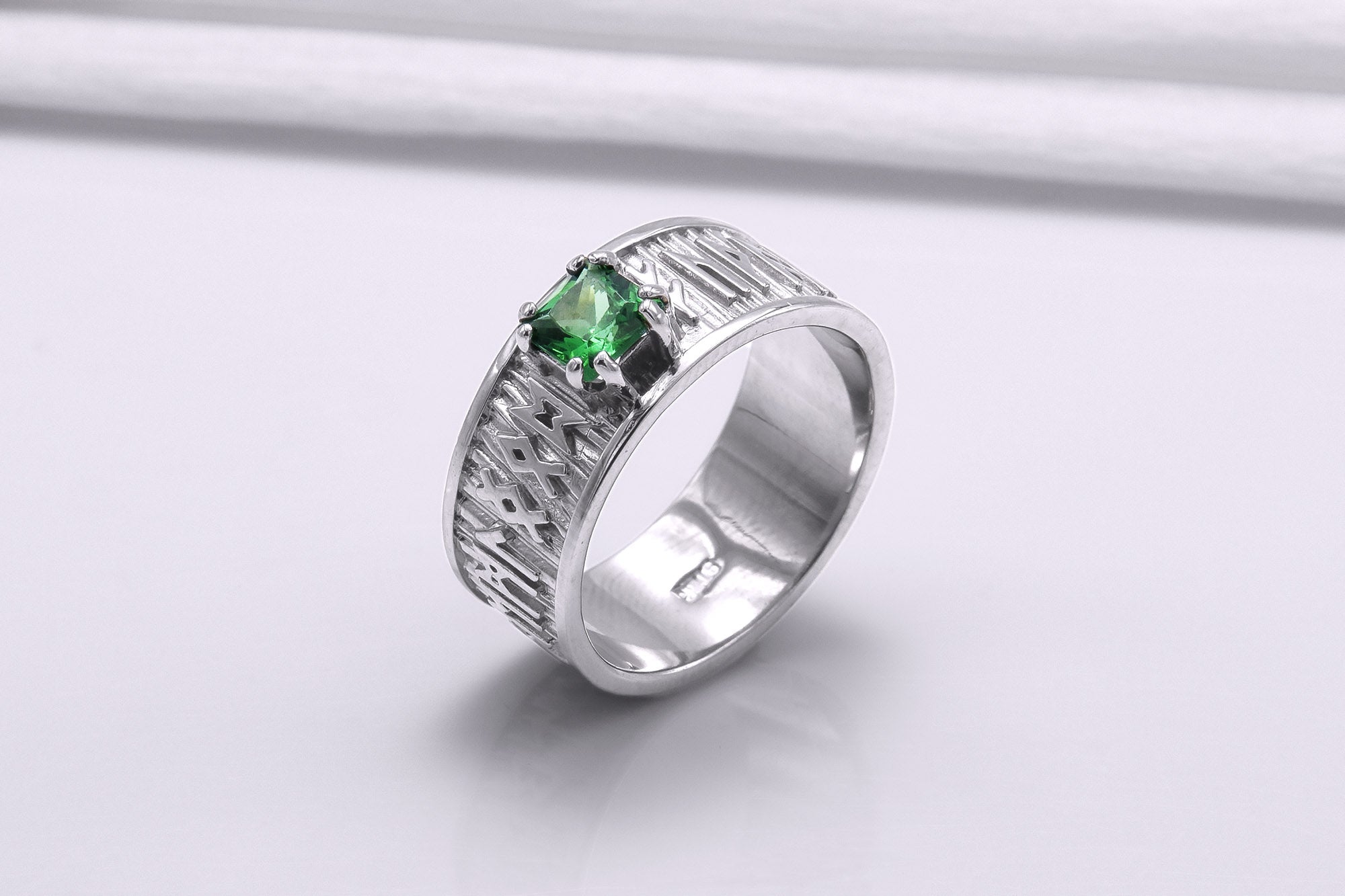 950 Platinum Ring with Runes Ornament and Green Cubic Zirconia, Handmade Jewelry - vikingworkshop