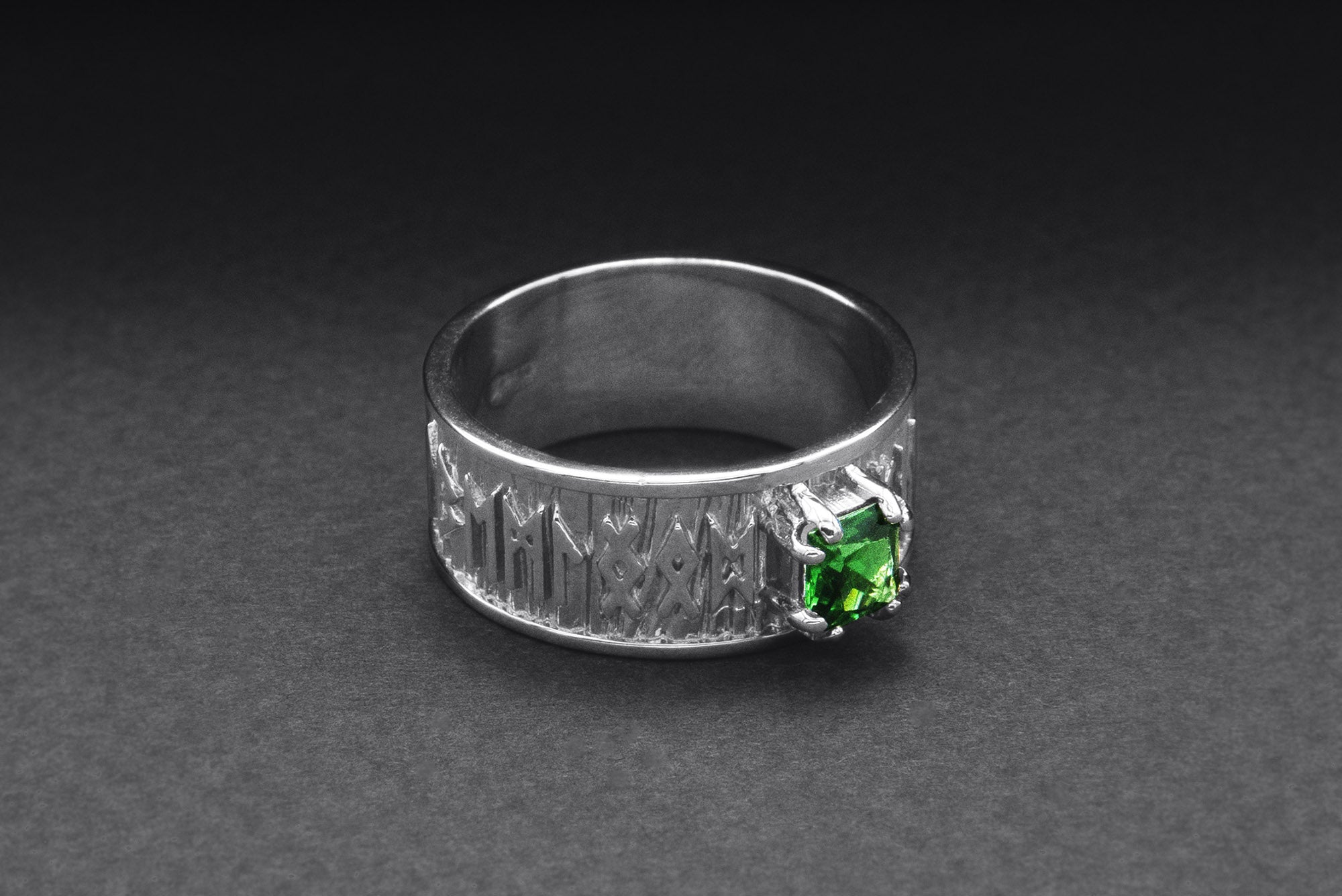 950 Platinum Ring with Runes Ornament and Green Cubic Zirconia, Handmade Jewelry - vikingworkshop