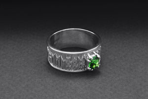 950 Platinum Ring with Runes Ornament and Green Cubic Zirconia, Handmade Jewelry - vikingworkshop