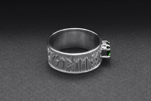 950 Platinum Ring with Runes Ornament and Green Cubic Zirconia, Handmade Jewelry - vikingworkshop