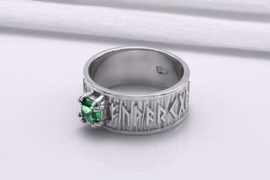 950 Platinum Ring with Runes Ornament and Green Cubic Zirconia, Handmade Jewelry - vikingworkshop