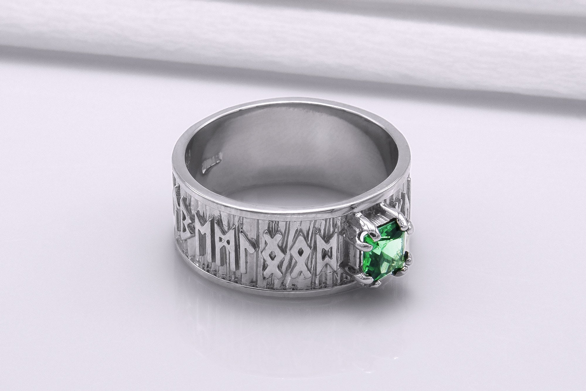 950 Platinum Ring with Runes Ornament and Green Cubic Zirconia, Handmade Jewelry - vikingworkshop