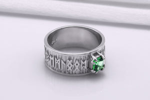 950 Platinum Ring with Runes Ornament and Green Cubic Zirconia, Handmade Jewelry - vikingworkshop