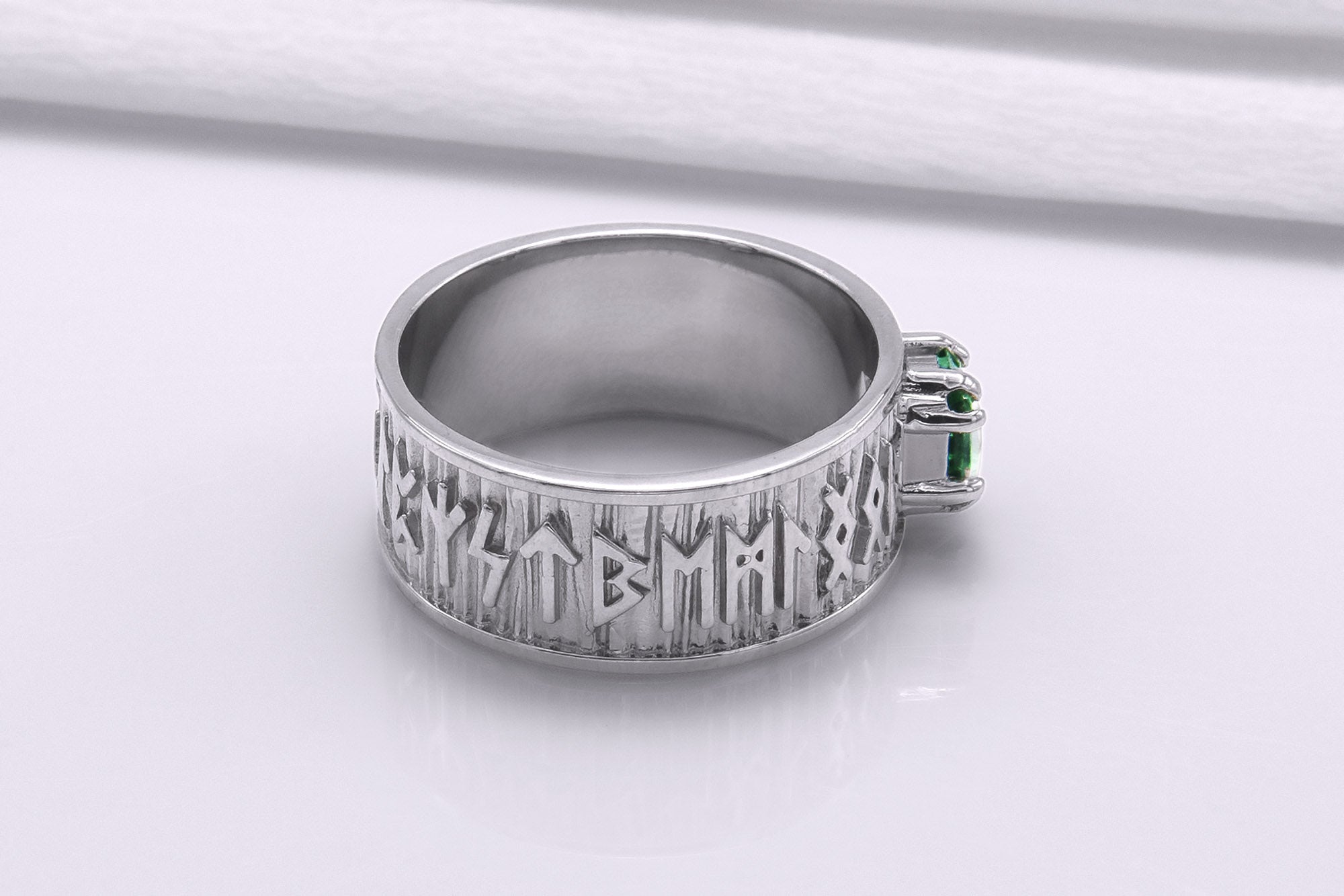 950 Platinum Ring with Runes Ornament and Green Cubic Zirconia, Handmade Jewelry - vikingworkshop