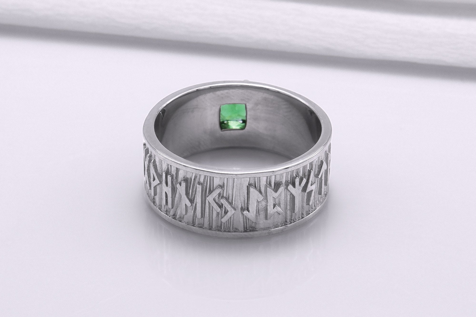 950 Platinum Ring with Runes Ornament and Green Cubic Zirconia, Handmade Jewelry - vikingworkshop