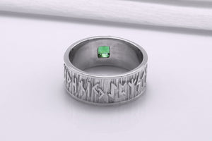 950 Platinum Ring with Runes Ornament and Green Cubic Zirconia, Handmade Jewelry - vikingworkshop