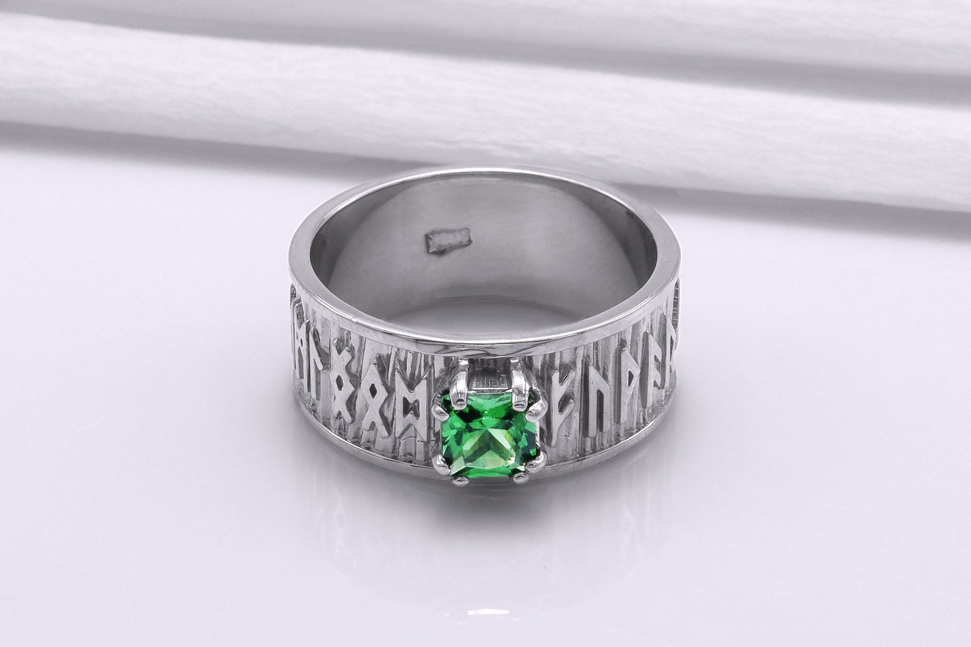 950 Platinum Ring with Runes Ornament and Green Cubic Zirconia, Handmade Jewelry - vikingworkshop