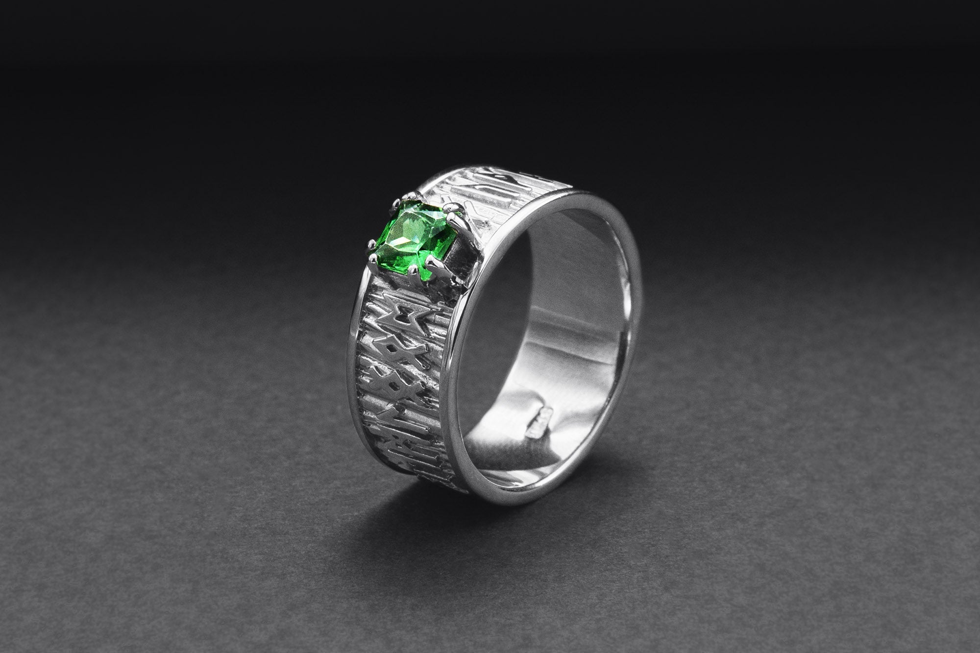 950 Platinum Ring with Runes Ornament and Green Cubic Zirconia, Handmade Jewelry - vikingworkshop