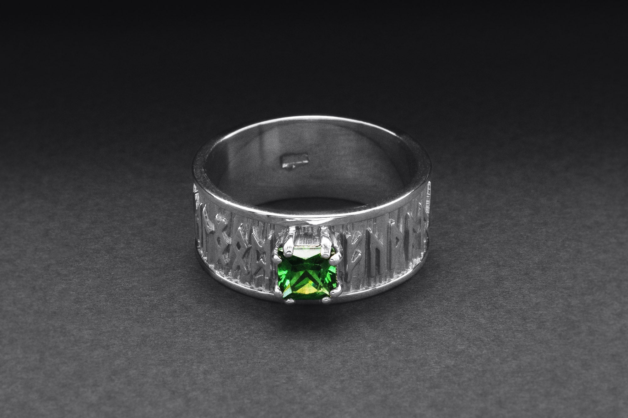 950 Platinum Ring with Runes Ornament and Green Cubic Zirconia, Handmade Jewelry - vikingworkshop