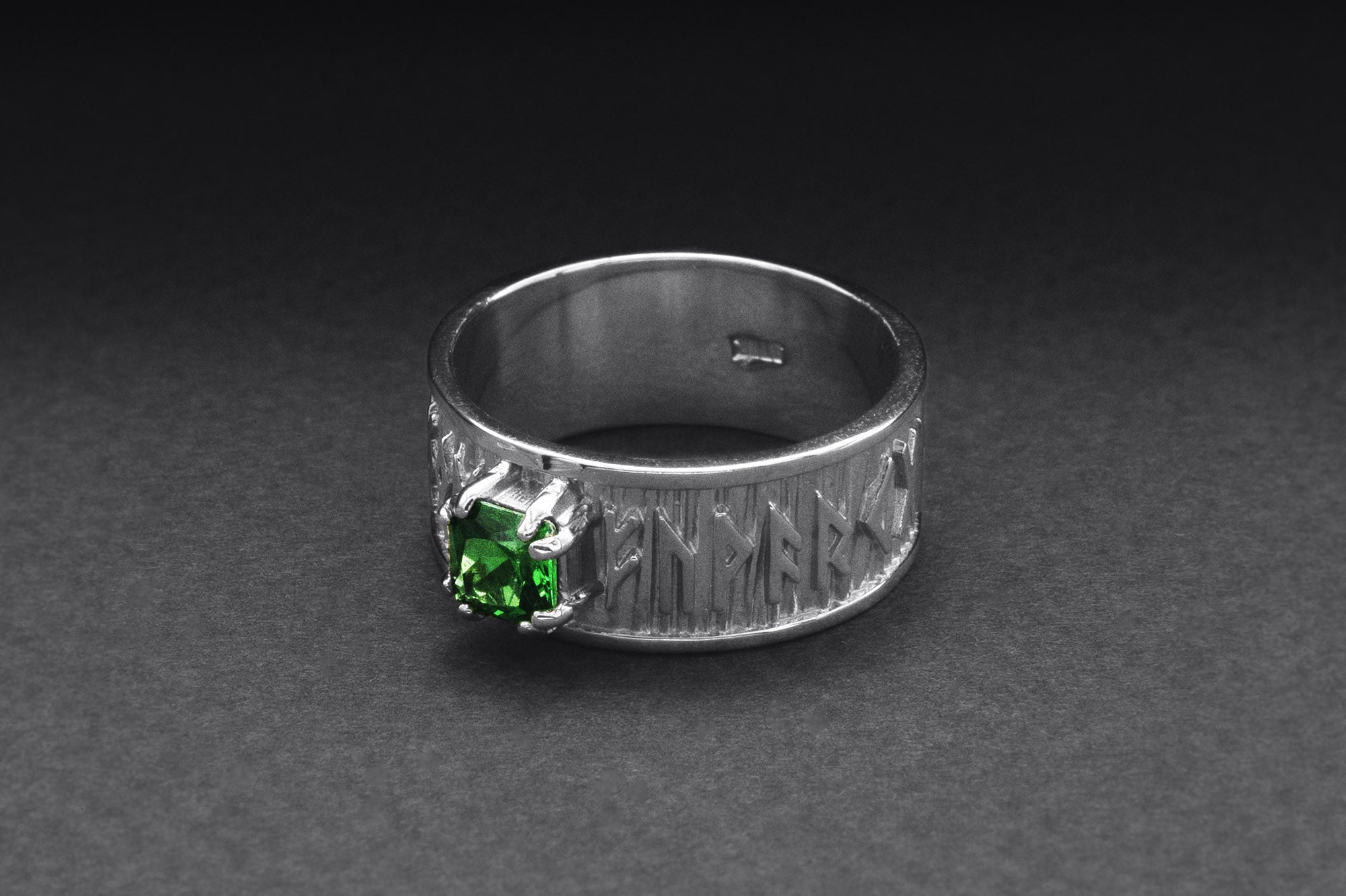 950 Platinum Ring with Runes Ornament and Green Cubic Zirconia, Handmade Jewelry - vikingworkshop